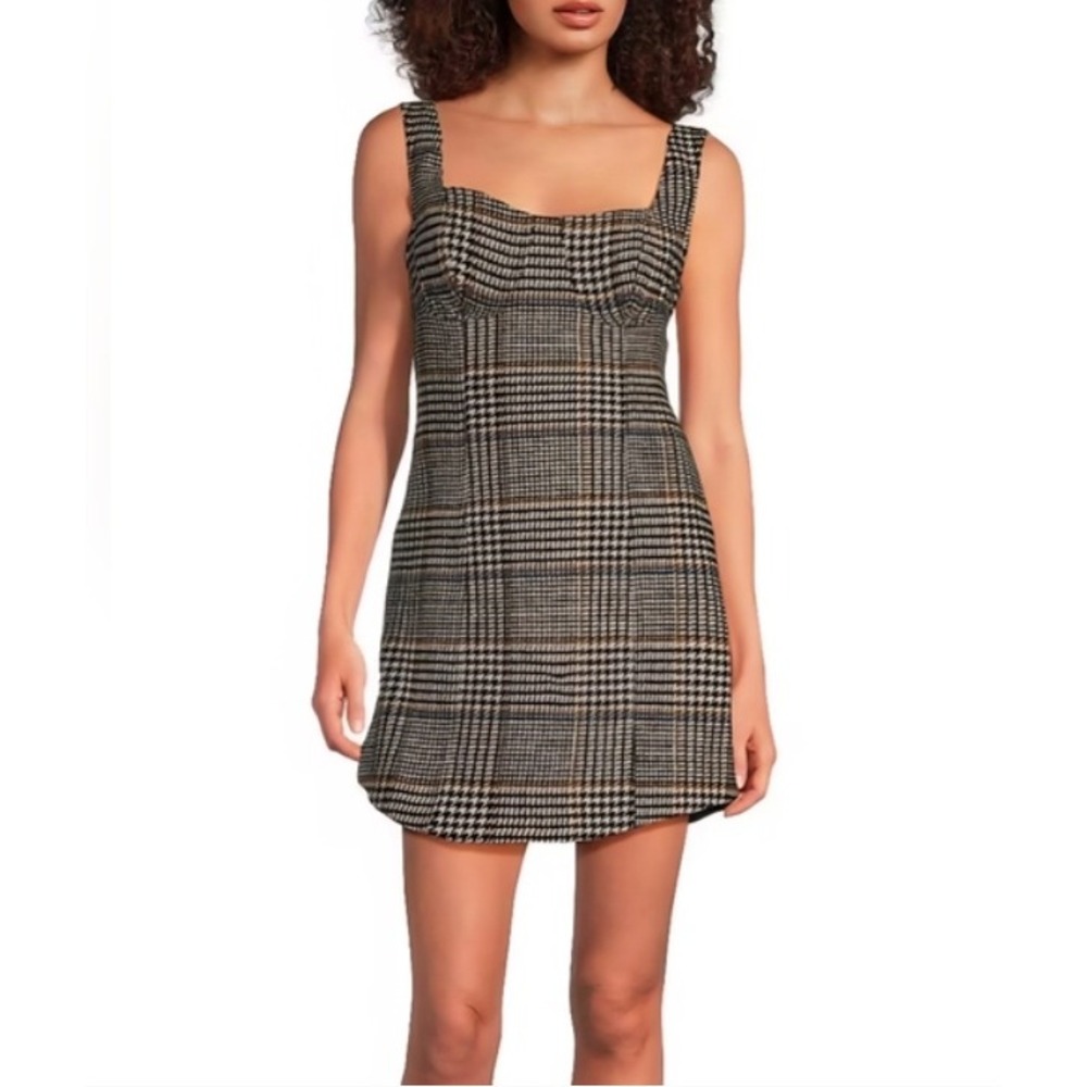 Le ALX Mini Dress Size M Glen Plaid Houndstooth Wool Blend Pinafore Bustier Mod